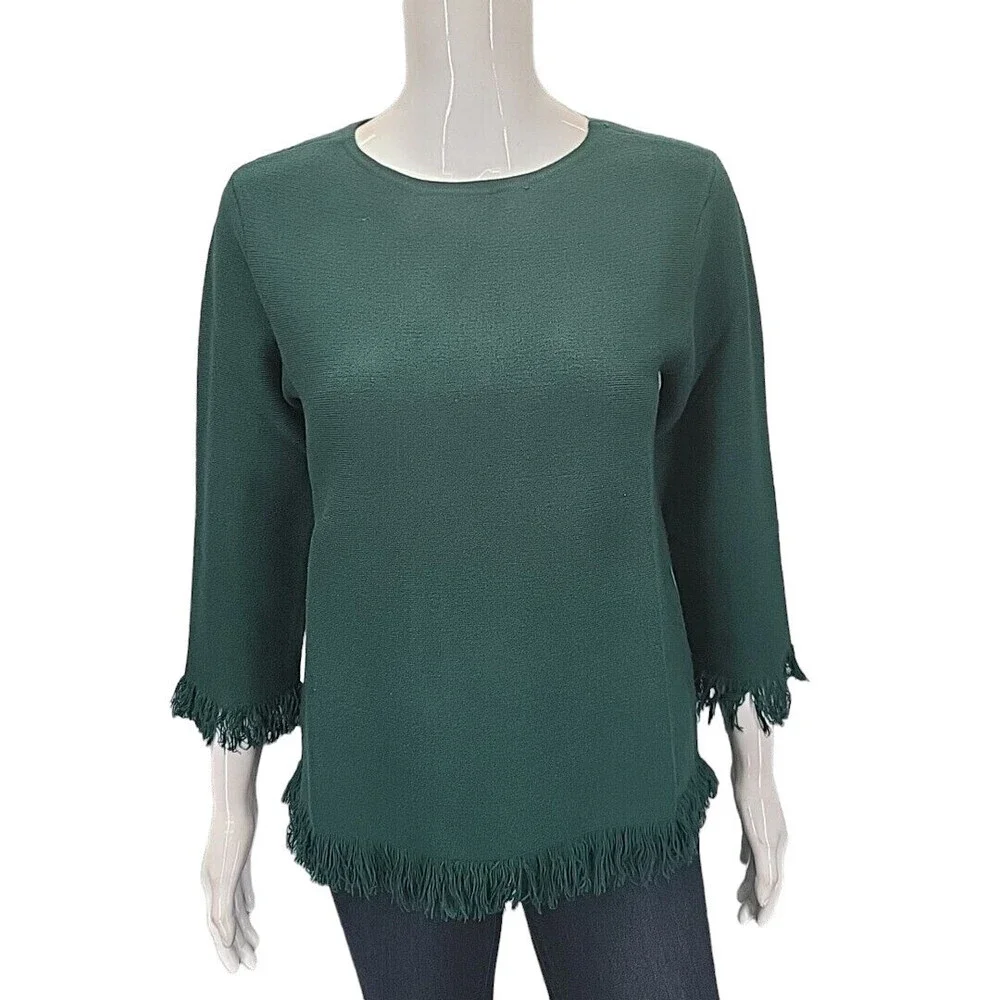 Joan Rivers Red Carpet 3/4 Sleeve Sweater with Fringe X-Small Size Green Top
